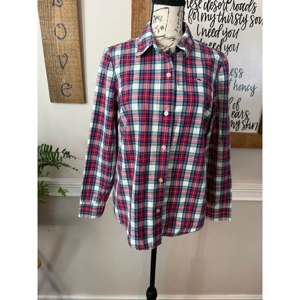 Vineyard Vines Women's Plaid Cotton Long Sleeve Button-up Shirt Red White Size 2